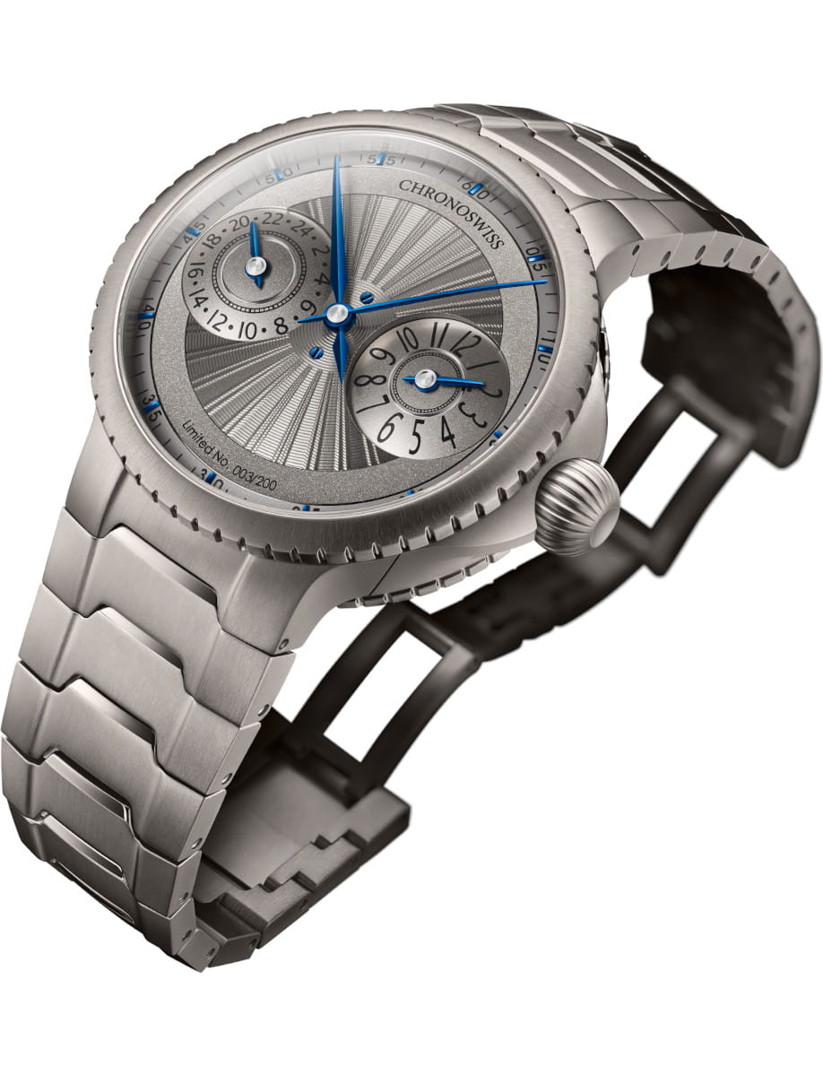 Front side view of Chronoswiss Lunar Chronograph wristwatch with titanium case and bracelet,silver-colored dial.