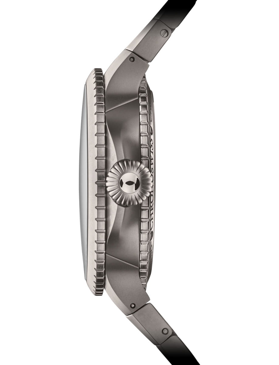 Side view of Chronoswiss Lunar Chronograph wristwatch with titanium case and bracelet,silver-colored dial.