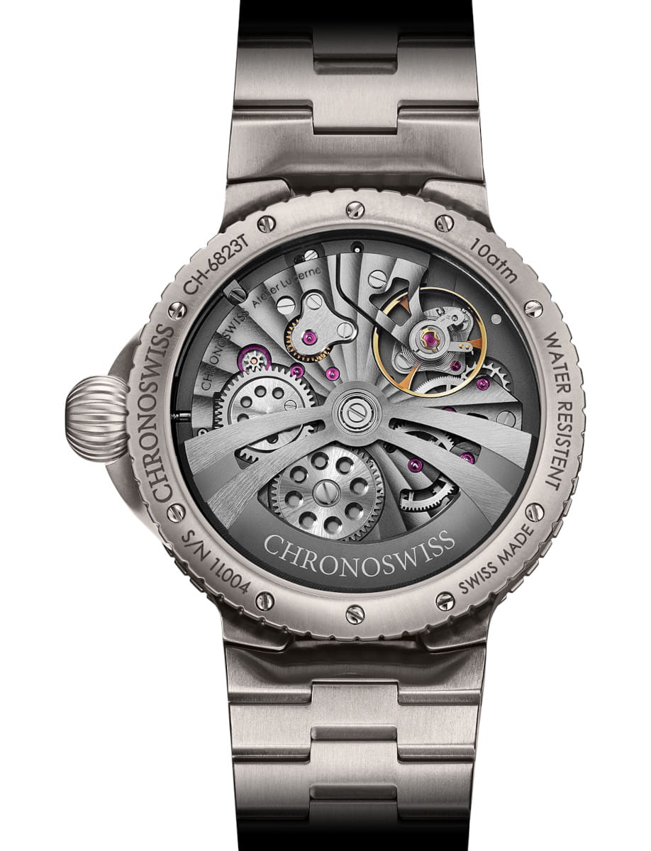 Back view of Chronoswiss Lunar Chronograph wristwatch with titanium case and bracelet, transparent case back.