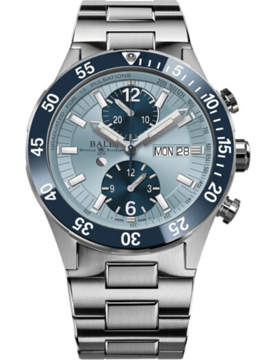 Ball Roadmaster Rescue Chronograph (42mm) wristwatch with stainless titanium case, titanium and stainless steel bracelet, and ice blue dial.