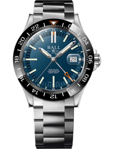 Ball Engineer III Outlier (40mm) wristwatch with stainless steel case and bracelet, and blue dial.