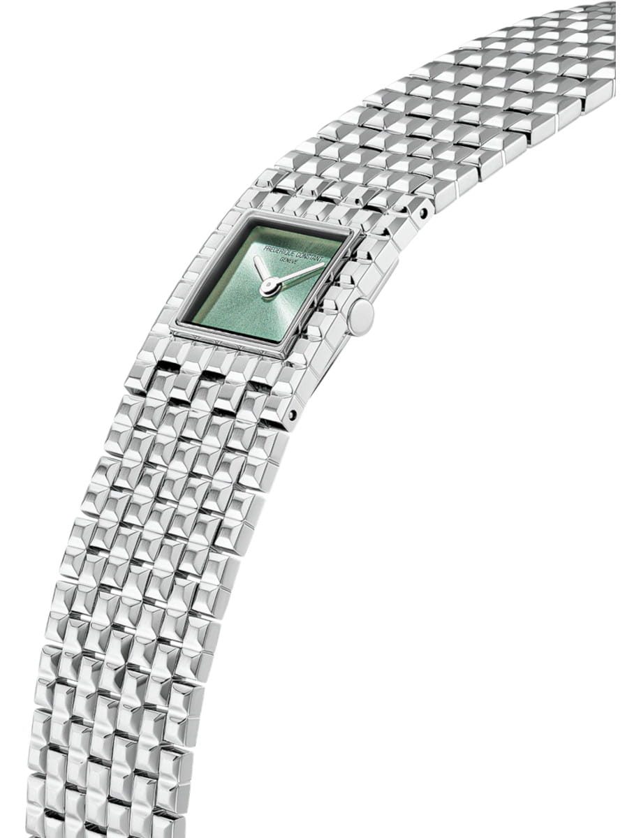 Side view of Frederique Constant Manchette wristwatch with stainless steel case and bracelet, and mint green dial.