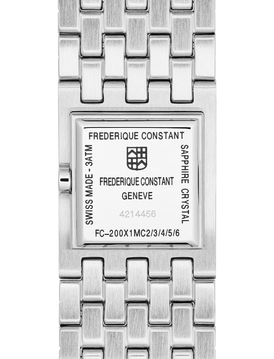 Back view of Frederique Constant Manchette wristwatch with stainless steel case and bracelet, and mint green dial.