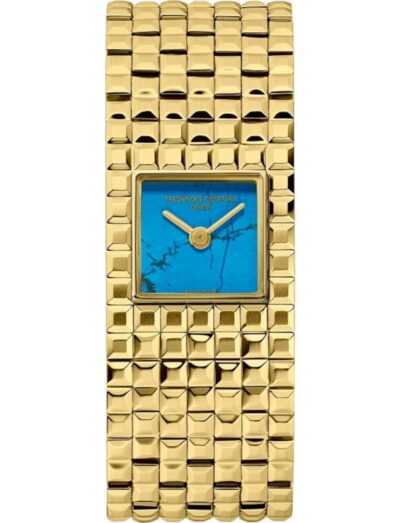 Frederique Constant Manchette wristwatch with yellow gold PVD plated stainless steel case and bracelet, and stone blue dial.