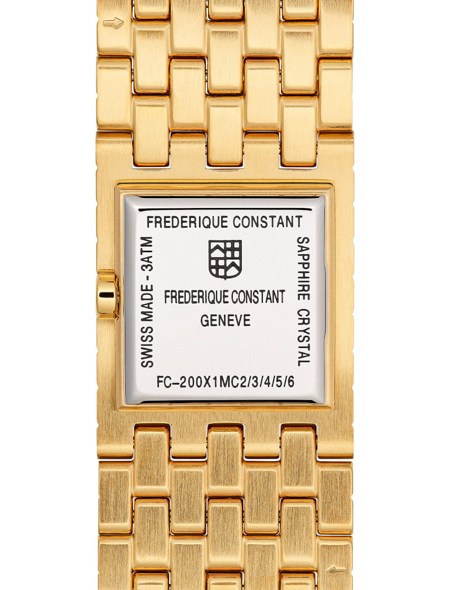 Back view of Frederique Constant Manchette wristwatch with yellow gold PVD plated stainless steel case and bracelet, and stone blue dial.