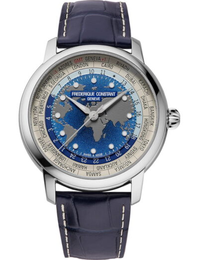 Frederique Constant Manufacture Classic Worldtimer wristwatch with stainless steel case, blue dial, and blue alligator leather strap.