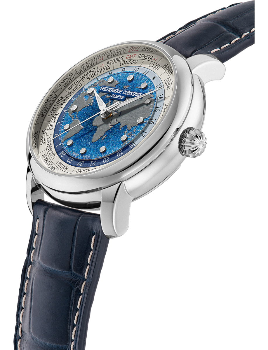 Side view of Frederique Constant Manufacture Classic Worldtimer wristwatch with stainless steel case, blue dial, and blue alligator leather strap.
