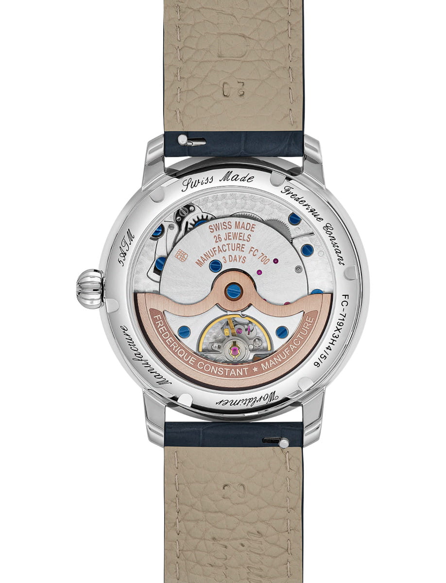 Back view of Frederique Constant Manufacture Classic Worldtimer wristwatch with stainless steel case, blue dial, and blue alligator leather strap.