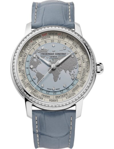 Frederique Constant Manufacture Classic Worldtimer wristwatch with stainless steel case, blue dial, and blue alligator leather strap.