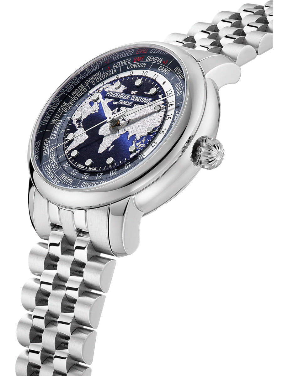 Side view of Frederique Constant Manufacture Classic Worldtimer wristwatch with stainless steel case and bracelet, and navy blue dial.