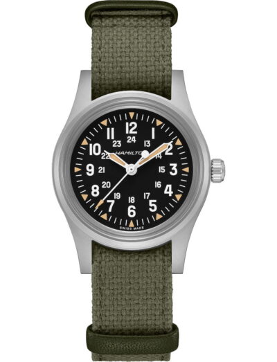 Hamilton Khaki Field Mechanical 36 mm wristwatch with stainless steel case, black dial, and NATO strap.