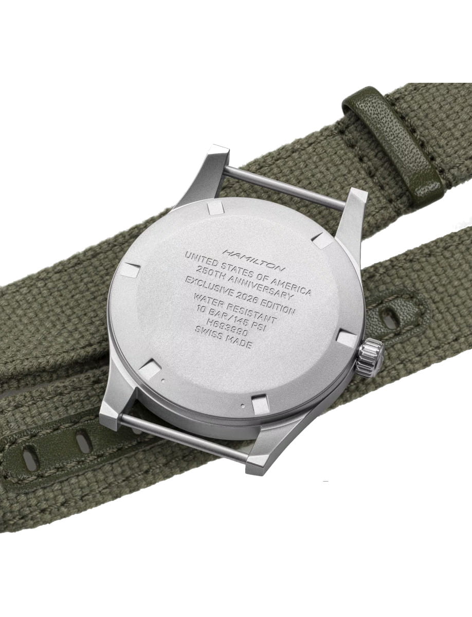Back view of Mechanical 36 mm wristwatch with stainless steel case, solid case back, and NATO strap.