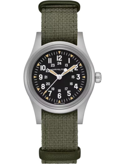 Hamilton wristwatch with stainless steel case, black dial and cotton NATO strap
