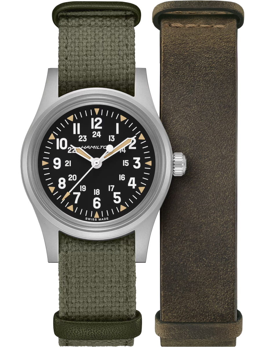 Hamilton wristwatch with stainless steel case, black dial and cotton NATO strap and second rugged leather strap