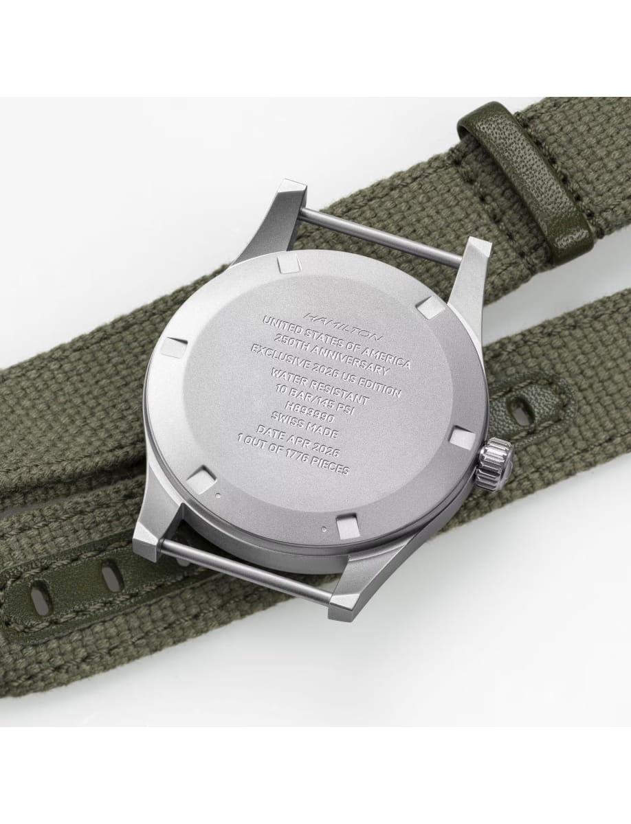 Back view of Hamilton wristwatch with stainless steel case, black dial and cotton NATO strap