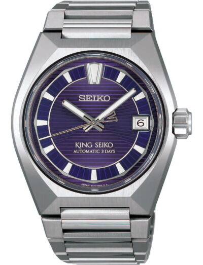 Seiko wristwatch with titanium case and bracelet, and purple dial.