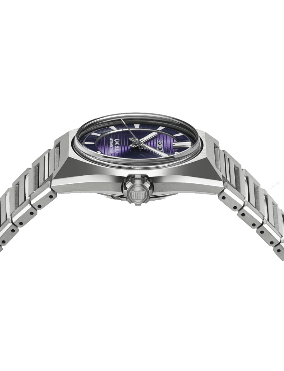 Side view of Seiko wristwatch with titanium case and bracelet, and purple dial.