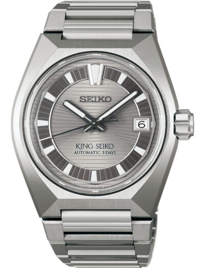 Seiko wristwatch with titanium case and bracelet, and grey dial.