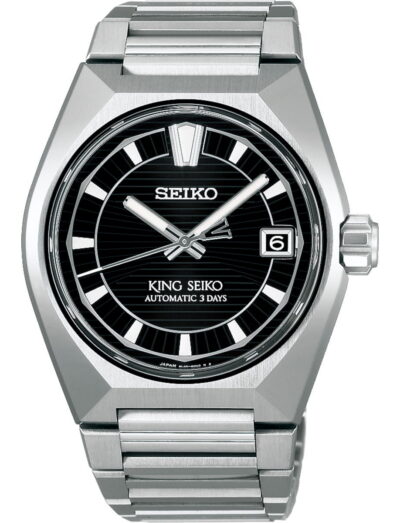 Seiko wristwatch with titanium case and bracelet, and black dial.