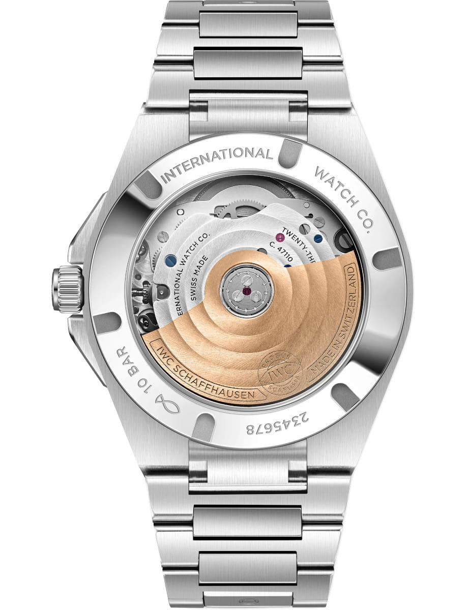 Back view of IWC Ingenieur Automatic 35 wristwatch with stainless steel case and bracelet, and semi-transparent caseback.