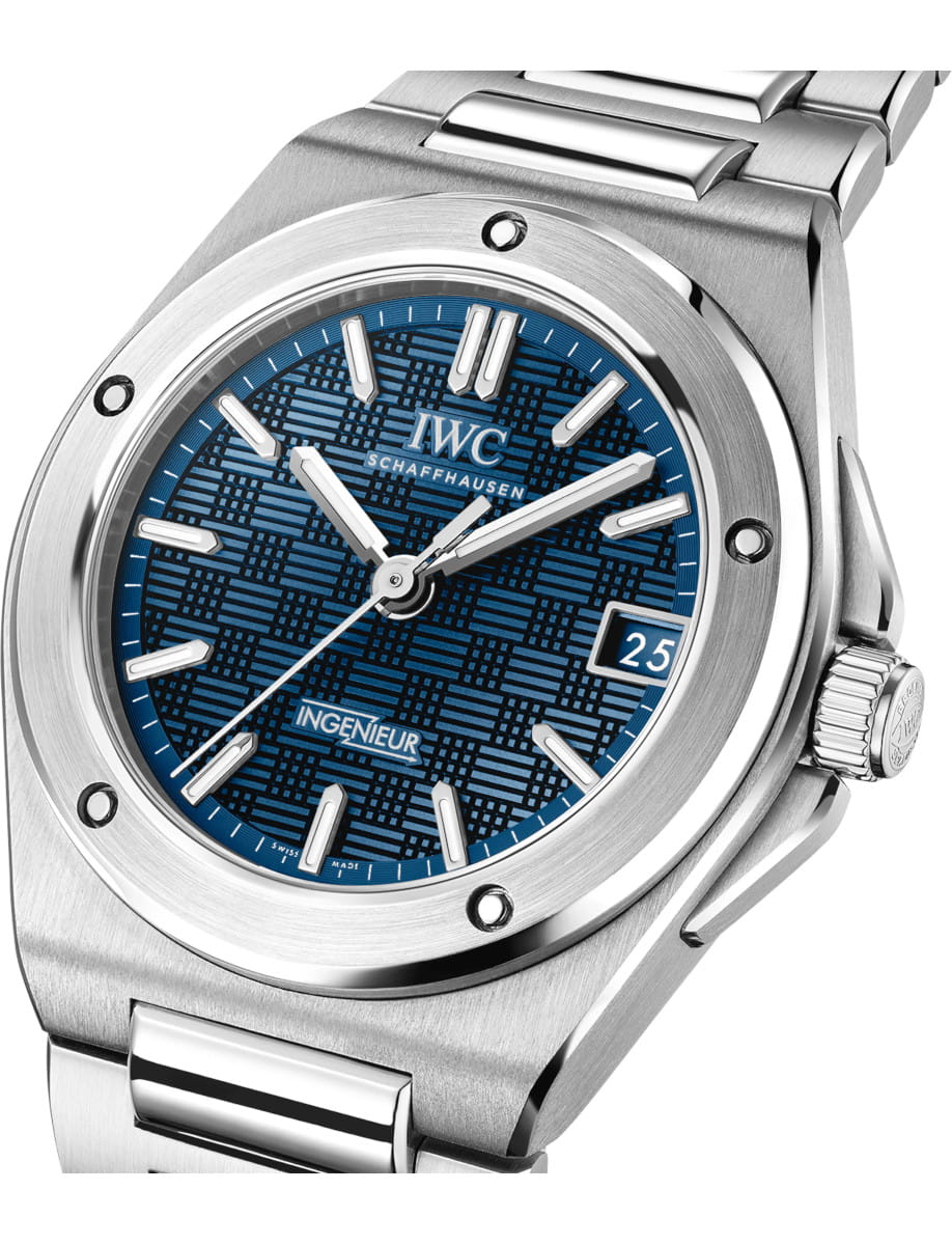Side view of IWC Ingenieur Automatic 35 wristwatch with stainless steel case and bracelet, and blue dial.