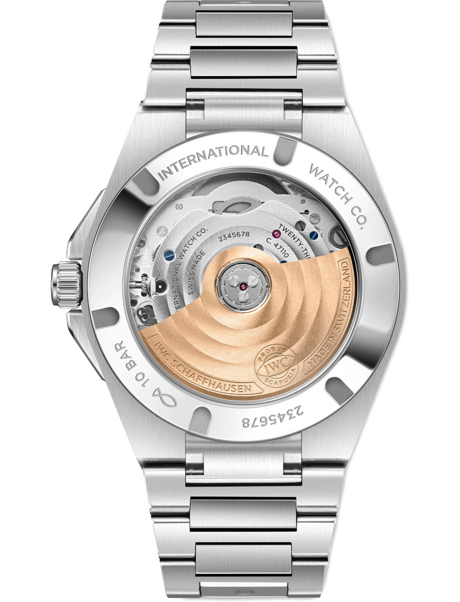 Back view of IWC Ingenieur Automatic 35 wristwatch with stainless steel case and bracelet, and grey dial.