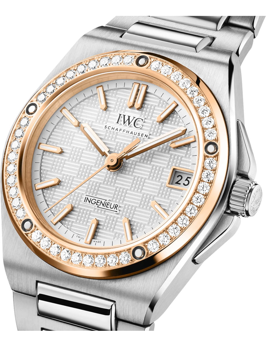 Side view of IWC Ingenieur Automatic 35 wristwatch with stainless steel case and bracelet, and grey dial.