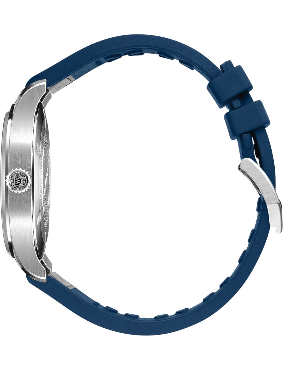 Side view of IWC Pilot's Watch Mark XX Le Petit Prince wristwatch with stainless steel case, blue dial, and blue rubber strap.
