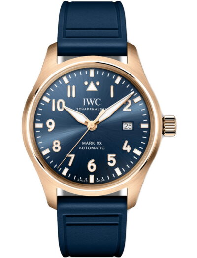 IWC Pilot's Watch Mark XX Le Petit Prince wristwatch with 18k 5N gold case, blue dial, and blue rubber strap.