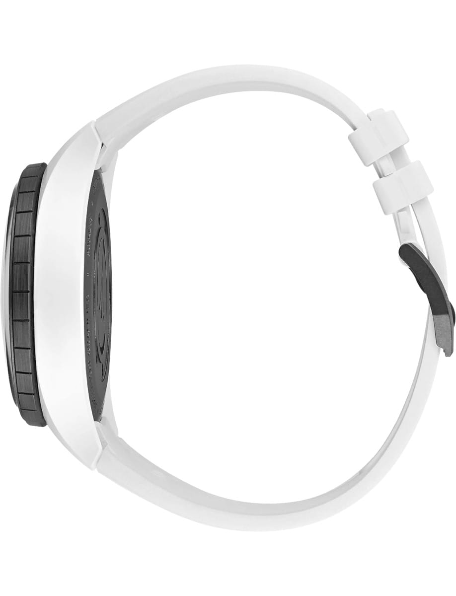 Side view of IWC Pilot's Venturer Vertical Drive wristwatch with ceramic case, black dial, and white rubber strap.