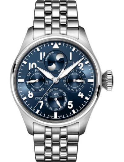 IWC Big Pilot's Watch Perpetual Calendar ProSet Le Petit Prince wristwatch with stainless steel case and bracelet, and blue dial.