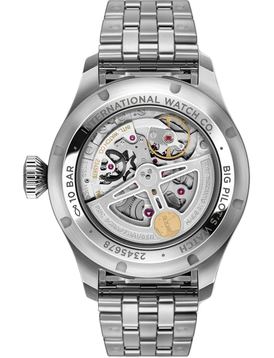 Back view of IWC Big Pilot's Watch Perpetual Calendar ProSet Le Petit Prince wristwatch with stainless steel case and bracelet, and transparent case back.