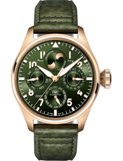 IWC Big Pilot's Watch Perpetual Calendar ProSet wristwatch with 18k 5N gold case, green dial, and green buffalo leather strap.