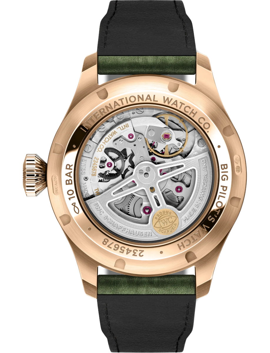 Back view of IWC Big Pilot's Watch Perpetual Calendar ProSet wristwatch with 18k 5N gold case, transparent caseback, and green buffalo leather strap.
