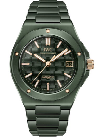 IWC Ingenieur Automatic 42 wristwatch with green ceramic case and bracelet, and green dial.
