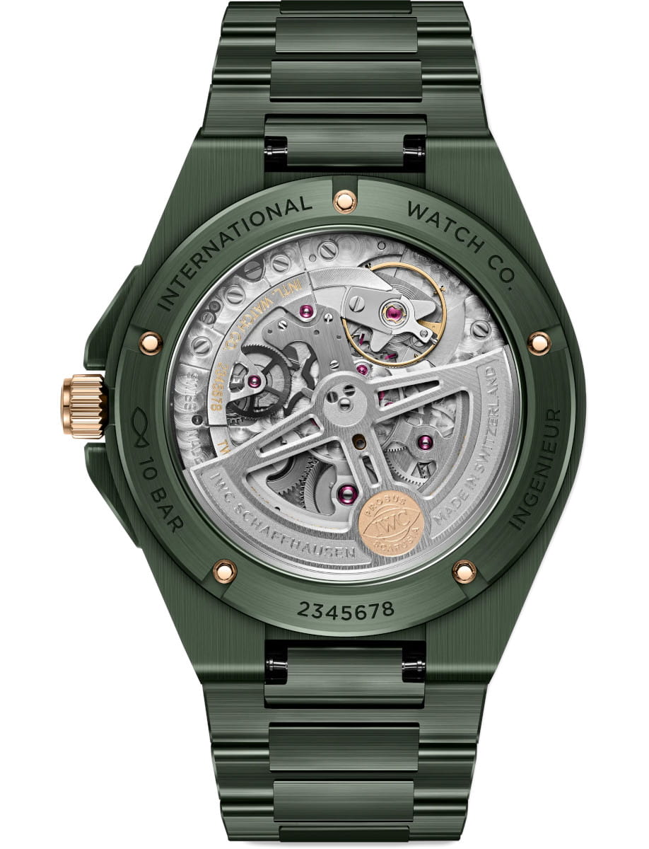 Back view of IWC Ingenieur Automatic 42 wristwatch with green ceramic case and bracelet, and green dial.