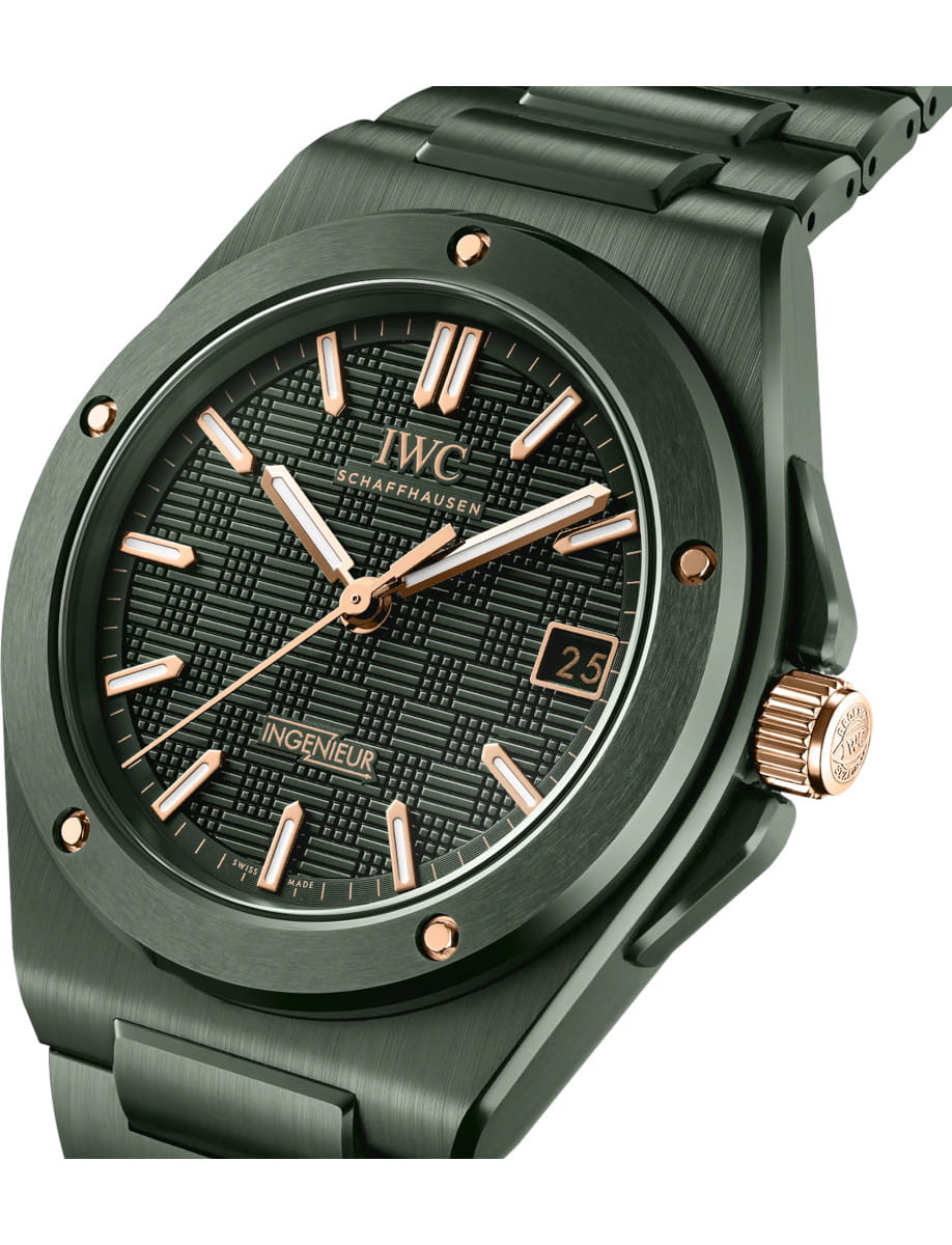 Side view of IWC Ingenieur Automatic 42 wristwatch with green ceramic case and bracelet, and green dial.