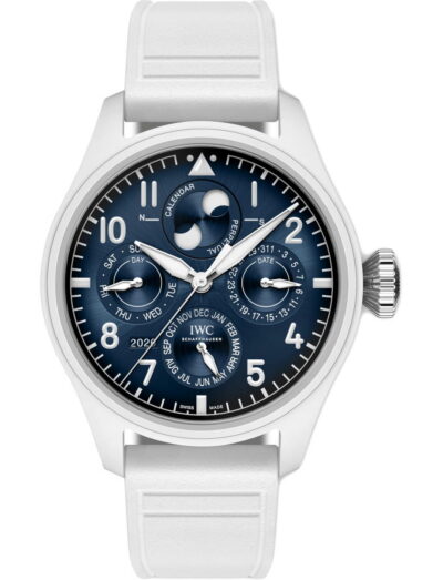 IWC Big Pilot's Watch Perpetual Calendar ProSet Le Petit Prince wristwatch with ceramic case, blue dial, and white rubber strap.