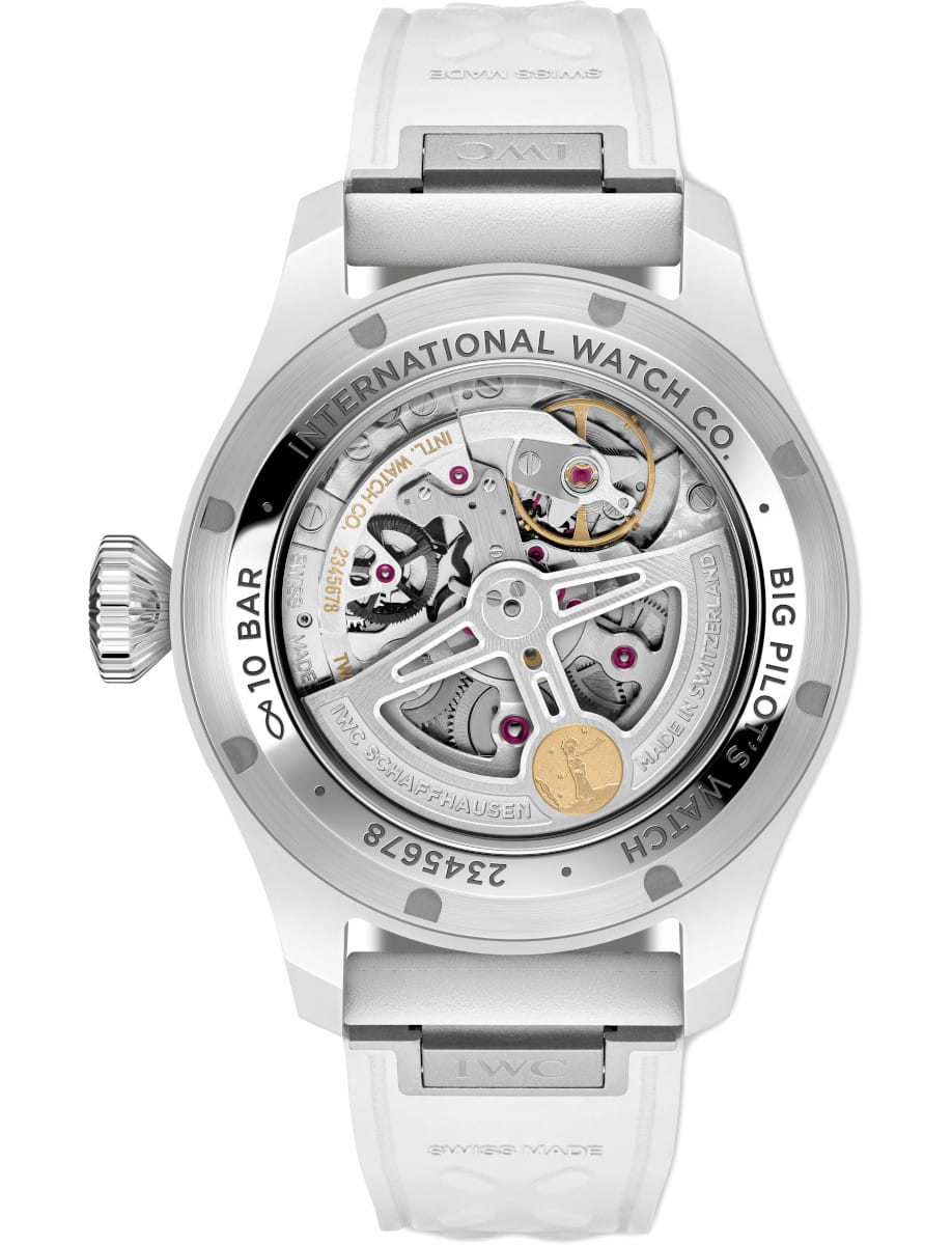 Back view of IWC Big Pilot's Watch Perpetual Calendar ProSet Le Petit Prince wristwatch with ceramic case, open caseback, and white rubber strap.
