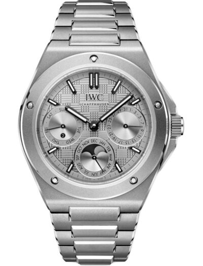 IWC Ingenieur Perpetual Calendar 41 wristwatch with titanium case and bracelet, and grey dial.