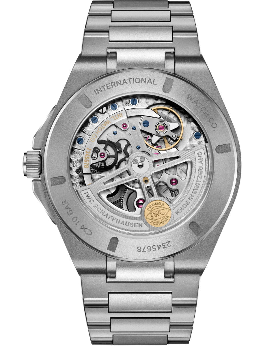 Back view of IWC Ingenieur Perpetual Calendar 41 wristwatch with titanium case and bracelet, and reansparent caseback.