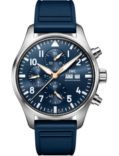 IWC Pilot's Watch Chronograph Le Petit Prince wristwatch with stainless steel case, blue dial, and blue rubber strap.