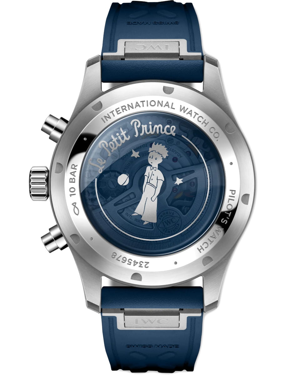 Back view of IWC Pilot's Watch Chronograph Le Petit Prince wristwatch with stainless steel case, synthetic sapphire crystal caseback, and blue rubber strap.