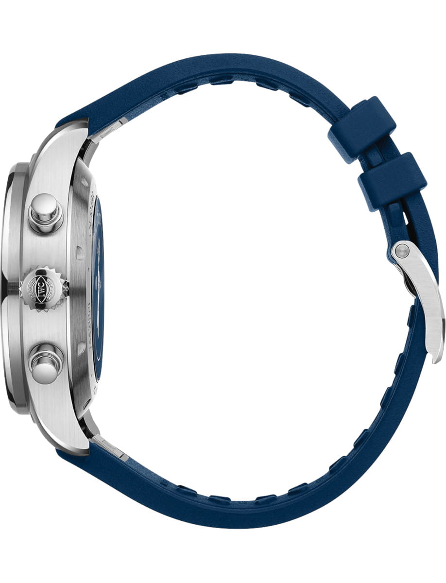 Side view of IWC Pilot's Watch Chronograph Le Petit Prince wristwatch with stainless steel case, blue dial, and blue rubber strap.