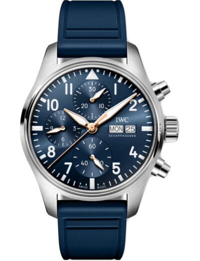 IWC Pilot's Watch Chronograph 41 Le Petit Prince wristwatch with stainless steel case, blue dial, and blue rubber strap.