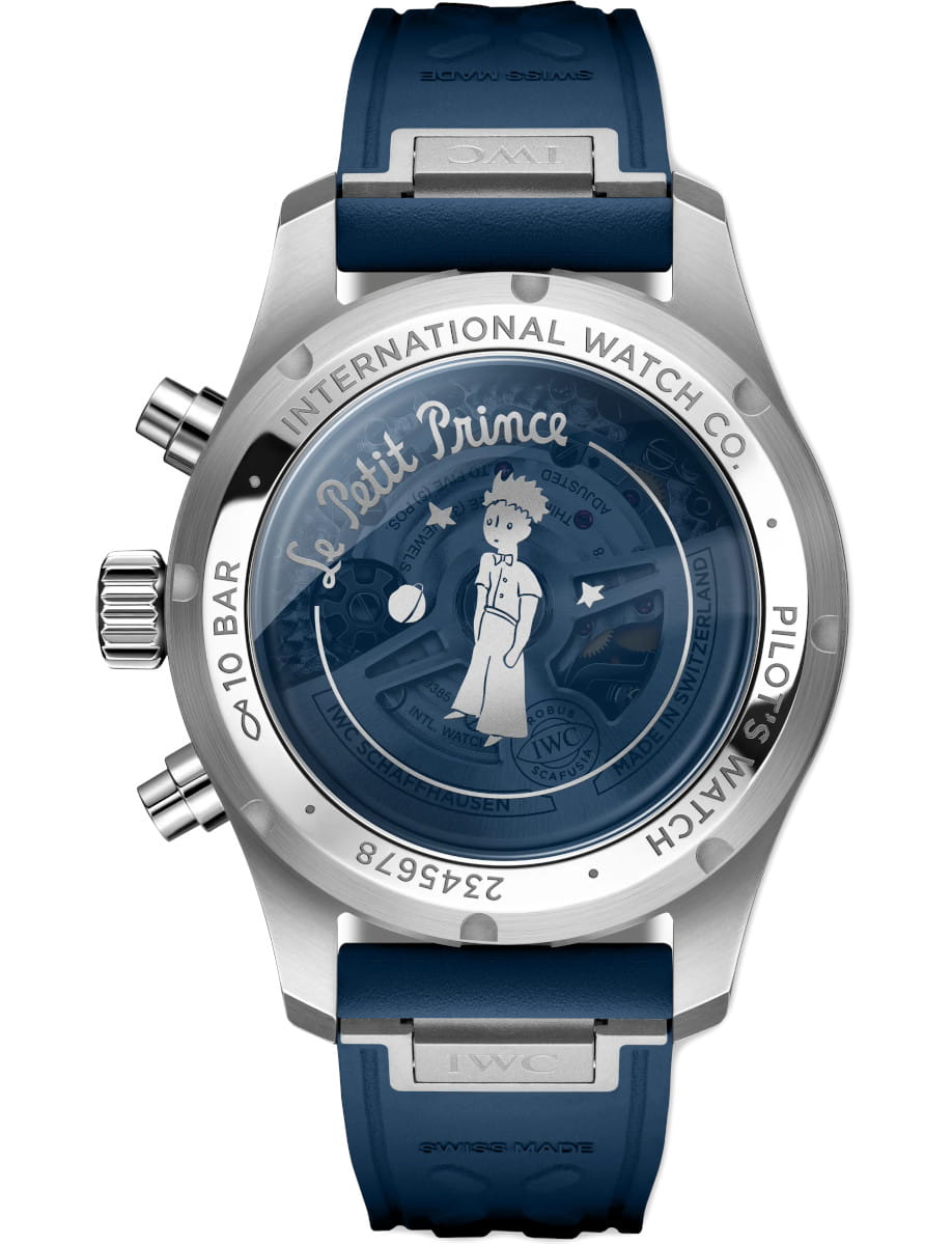 Back view of IWC Pilot's Watch Chronograph 41 Le Petit Prince wristwatch with stainless steel case, synthetic sapphire crystal caseback, and blue rubber strap.