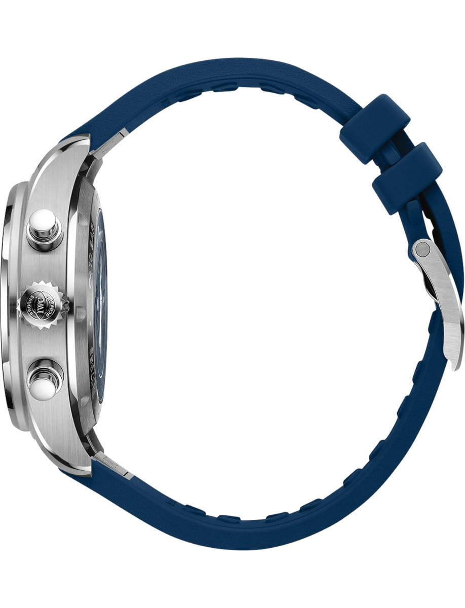 Side view of IWC Pilot's Watch Chronograph 41 Le Petit Prince wristwatch with stainless steel case, blue dial, and blue rubber strap.