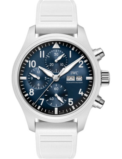 IWC Pilot's Watch Chronograph 41 Le Petit Prince wristwatch with ceramic case, blue dial, and white rubber strap.