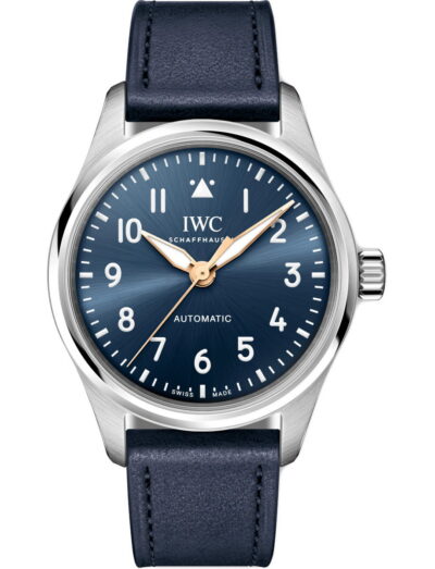 IWC Pilot's Watch Automatic 36 Le Petit Prince wristwatch with stainless steel case, blue dial, and blue calfskin strap.