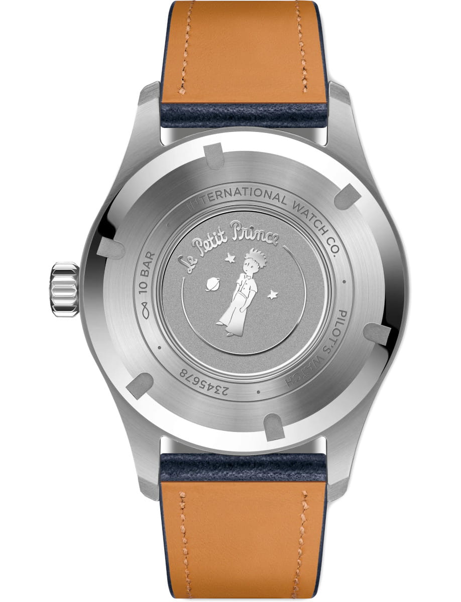 Back view of IWC Pilot's Watch Automatic 36 Le Petit Prince wristwatch with stainless steel case, blue dial, and blue calfskin strap.